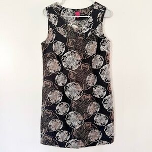 212 Collection Linen Cotton Medallion Print Shift Dress Size 8 Black Knee Length